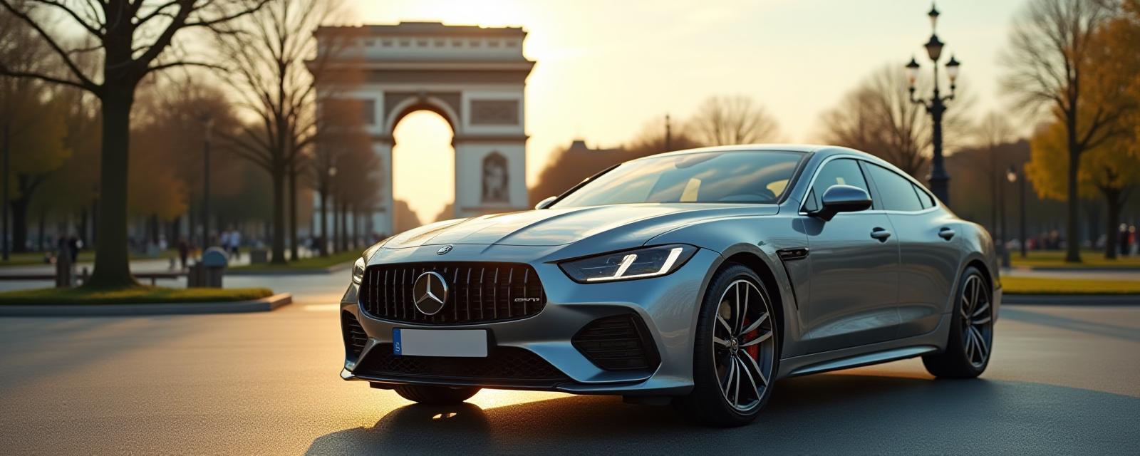 Voiture brillante devant un monument de Lyon